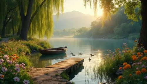 Riverbank scenery, serene atmosphere, lush greenery, vibrant wildflowers, weeping willows, tranquil water reflections, wooden dock, old boat, lazy ducks swimming, distant mountains, warm soft lighting