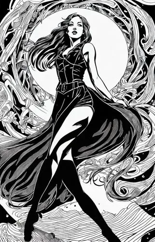 1girl, full body, solo, long hair, line art, sideways,scarlet witch,black widow,dance of death,sorceress,sprint woman,the enchantress,swordswoman,comic style,wind wave,vampire woman,femme fatale,comic