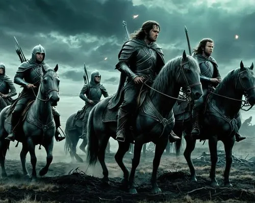 lord of the rings, the battle between rohan riders and mummakil on the fields of Pelennor,three people on horseback riding through the prairie with one holding his head up,rohirrim,northmen,faramir,gl