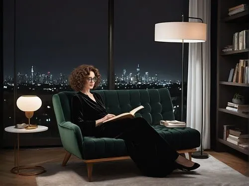 Modern luxury living room, mature lady, 30s, reading book, comfortable posture, glasses, curly brown hair, natural makeup, elegant black dress, sitting on a velvet sofa, surrounded by tall floor lamps