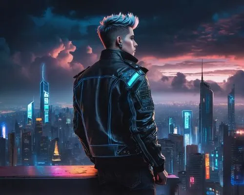 cyberpunk,dusk background,city lights,sci fiction illustration,city in flames,neon lights,futuristic landscape,world digital painting,music background,futuristic,black city,fantasy city,jacket,believer,cityscape,pompadour,above the city,cg artwork,coder,cyber,Illustration,Black and White,Black and White 03