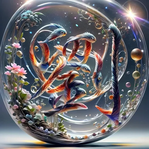 glass signs of the zodiac,waterglobe,glass sphere,lensball,fractals art,glass painting,koi,the zodiac sign pisces,glass ornament,koi fish,glass ball,ornamental shrimp,3d fantasy,ornamental fish,liquid bubble,swirly orb,treble clef,crystal ball,glass decorations,aquarius