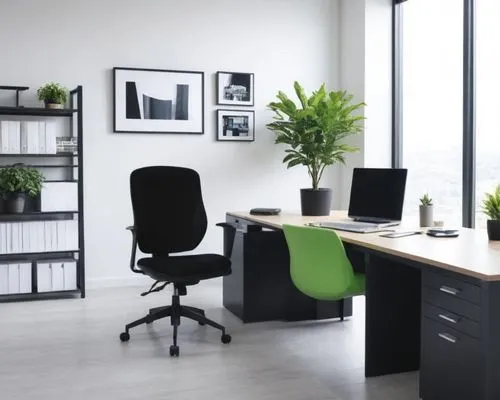 Crée moi la photo d'un bureau 
professionnel, avec un ordinateur, 
une plante verte et des accessoires, 
en insérant le modèle 
exacte de la chaise en pièce jointe,the interior of an office area with 