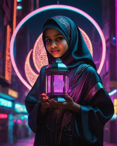 abaya,cyberpunk,world digital painting,islamic girl,dubai,hijaber,ramadan background,photo session at night,a girl with a camera,doha,lantern,illuminated lantern,photomanipulation,digital painting,neon tea,digital art,hijab,ramadan,retro girl,dhabi,Photography,General,Natural