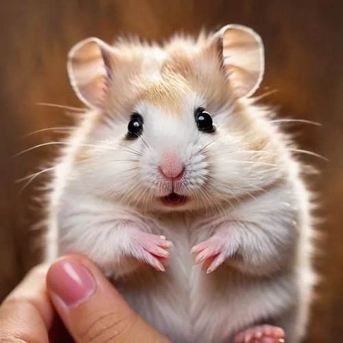 Cute hamster, white fur, pink nose, holding up hand, V-sign, peaceful gesture, soft focus, warm lighting, wood grain background, natural texture, shallow depth of field, adorable expression, furry bod