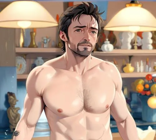 hugh jackman naked,an animated man standing in front of a kitchen counter,tony stark,mcelhenney,hodierna,male elf,cuttyhunk,pecks,Anime,Anime,General