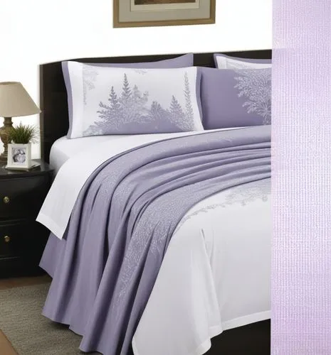 this is an image of a bedroom with lila and white bedding,bedspreads,bed linen,the purple-and-white,bedspread,white with purple,purple cardstock