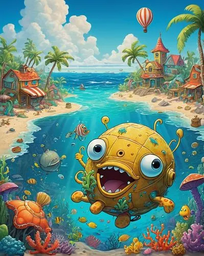 hillenburg,under sea,cartoon video game background,underwater background,potamkin,under the sea,seamonkey,fun octopus,sea animal,krumm,tampubolon,game illustration,underwater world,the beach crab,sea creatures,underwater playground,ocean paradise,underwater landscape,children's background,dori,Illustration,Paper based,Paper Based 08