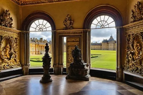 Baroque style, grand palace, Blenheim Palace, England, Oxfordshire, Winston Churchill's birthplace, stunning gardens, fountain show, lake reflections, ornate stone carvings, intricate stonework, symme