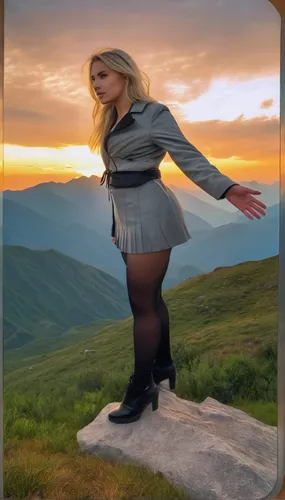 a beautiful young caucasian girl 23 years old blonde hair wearing a gray jacket and a black miniskirt in the top a mountain looking the mountains at sunset as background in 4k,heidi country,angel of t