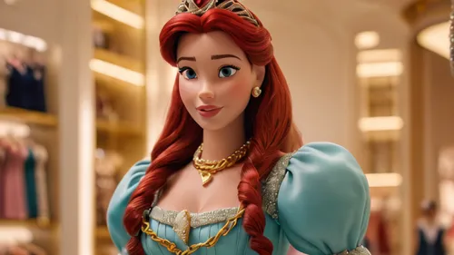 princess ariel of disney , photorealistic detailed , in a prada store , with big laleb make promotion of prada ,  wear prada clothes , realistic architectonic , with gold and chain,princess anna,disne