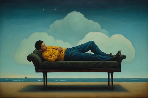 self hypnosis,psychotherapy,thinking man,man with a computer,man thinking,adrift,surrealism,man on a bench,man at the sea,woman thinking,blue pillow,cd cover,surrealistic,chaise,armchair,man with saxophone,dreaming,lounger,to be alone,men sitting,Illustration,Abstract Fantasy,Abstract Fantasy 17