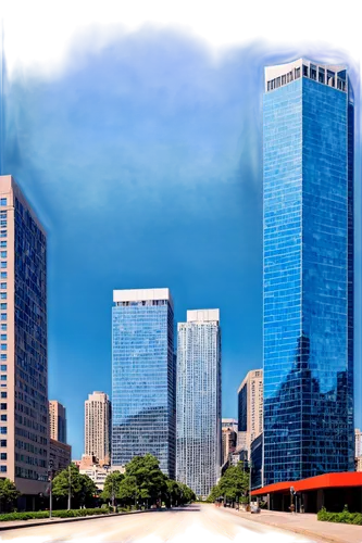 Cityscape, modern skyscrapers, glass buildings, steel frames, concrete roads, urban landscape, day time, clear blue sky, few clouds, bright sunlight, soft shadows, 3/4 composition, deep depth of field