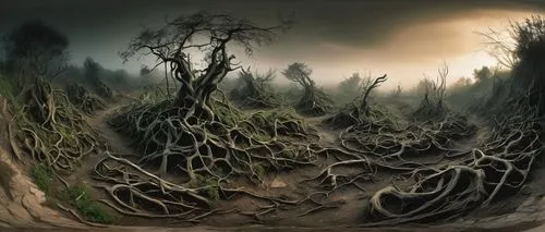 swampy landscape,mirkwood,rhizomorphs,rhizomatous,the roots of trees,fangorn,carcosa,usnea,ghost forest,undersoil,mycorrhiza,moss landscape,crooked forest,rhizosphere,uprooted,rhizoids,swamps,mycorrhizal,elven forest,the roots of the mangrove trees,Art,Artistic Painting,Artistic Painting 05