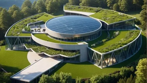  edificio moderno, con materiales de madera, vidrio y acero. rodeado de árboles e increíbles jardines, con techos verdes,a circular building surrounded by trees and grass,solar cell base,earthship,fut