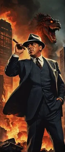 Perry Mason, detective, 1940s suit, fedora hat, holding cigar, standing in front of a destroyed cityscape, Godzilla, giant monster, roaring, fiery breath, Tokyo skyscrapers, smoke and flames, dramatic