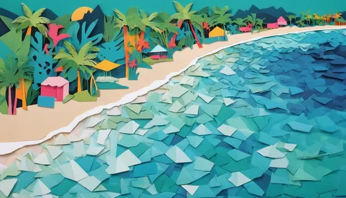 Compose a vibrant wallpaper with a tropical beach and crystal-clear waters.,summer beach umbrellas,origami paper,beach landscape,origami paper plane,tropical beach,paper boat,umbrella beach,tropical s