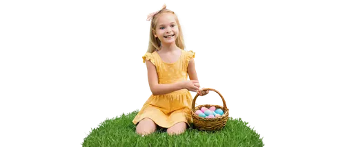 Happy Easter scene, colorful eggs, decorated basket, spring flowers, soft grass, sunny day, 3/4 composition, shallow depth of field, warm color tone, cinematic lighting, little girl, blonde hair, yell