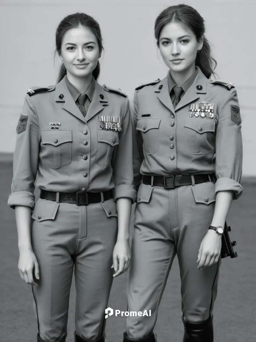 Black and white high resolution drawing: The female soldiers walk side by side and appear relaxed, despite being in a military environment. They exchange warm smiles, showing their close friendship an