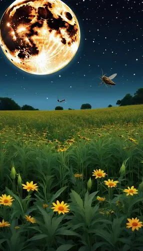 Crickets chirp a rhythmic melody, crickets a symphony under a star-studded sky. A gentle breeze whispers through the fields, carrying the sweet scent of wildflowers. In the distance, a lonely wolf how