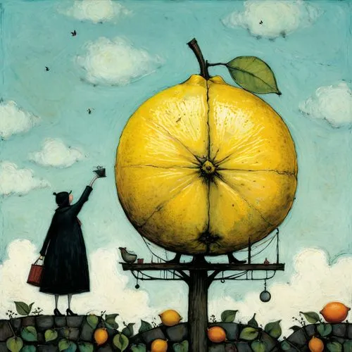 lemon tree,orange tree,cart of apples,gleaners,golden apple,apple harvest,weathervane,orchardist,basket with apples,basket of apples,orchardists,gleaning,scarecrows,yellow sun hat,apple pair,appelbaum,wind vane,apple tree,appletree,greengrocer,Art,Artistic Painting,Artistic Painting 49