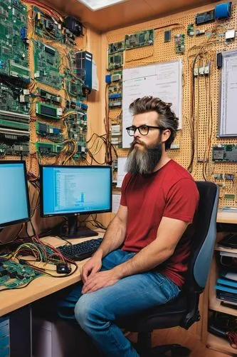 man with a computer,sysadmin,stallman,electrophysiologist,arduino,kernighan,radioman,computer room,microcomputers,wozniak,seismologist,the server room,computer workstation,hackerspace,computerologist,computer science,datacraft,boltzmann,computer art,usnr,Illustration,American Style,American Style 10