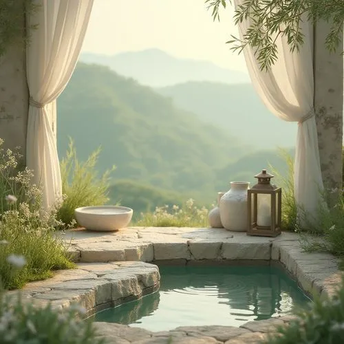 Soft celadon hues, gentle misty atmosphere, serene landscape, rolling hills, lush greenery, delicate wildflowers, tranquil water features, weathered stone pathways, distressed wood accents, vintage me