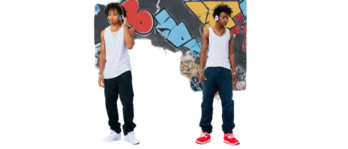 Young man, hip-hop dancer, solo, (20yo), black afro hair, gold chain, silver earring, white tank top, baggy jeans, red sneakers, headphones around neck, holding MP3 player, urban background, graffiti 