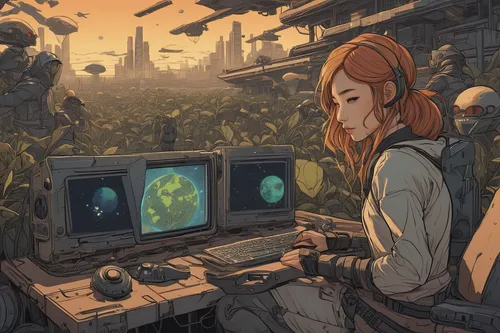 girl at the computer,sci fiction illustration,wasteland,virtual world,transistor checking,game illustration,exploration,transistor,glean,other world,searching,examining,astronomer,scifi,post apocalyptic,freelancer,digital nomads,computer,finding,lost in war,Illustration,Japanese style,Japanese Style 15