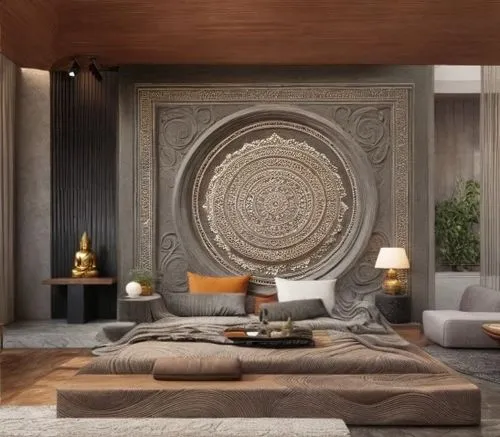 Indian traditional motifs with mouldings,modern daybed in living room with large art piece,interior decor,wall decoration,amanresorts,contemporary decor,carved wall,modern decor