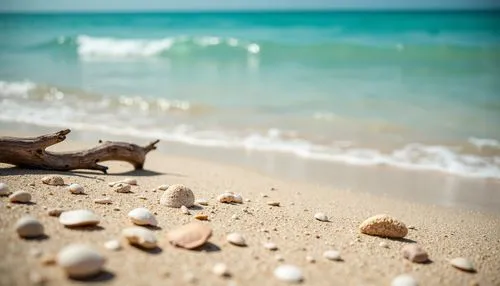 Warm sandy shores, crystal-clear turquoise waters, seashell fragments, driftwood textures, ocean breeze, sunny day, soft warm lighting, shallow depth of field, 3/4 composition, panoramic view, realist