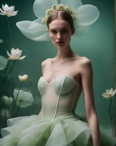 dahlia white-green,faery,flower fairy,fashion illustration,elven flower,bridal clothing,fairy queen,faerie,spring crown,tulle,flower of water-lily,rosa ' the fairy,flower girl,rosa 'the fairy,debutante,windflower,dryad,mint blossom,fairy,mayweed,Photography,General,Cinematic