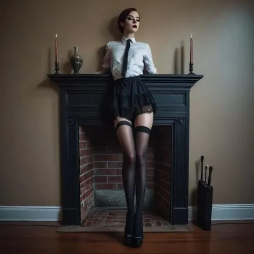 there is a woman in stockings that is posing in front of a fireplace,headmistress,hosiery,knee-high socks,secretary,schoolmistress,caning,nylons,stewardess,disciplinarian,school skirt,secretarial,scho