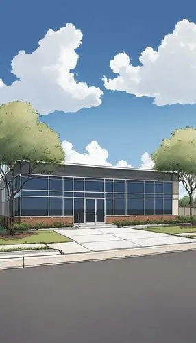 Modern Accuplan design, drafting architecture, Wallis Road, Bryan TX, suburban area, commercial building, glass facade, steel frame, rectangular shape, flat roof, parking lot, asphalt pavement, street