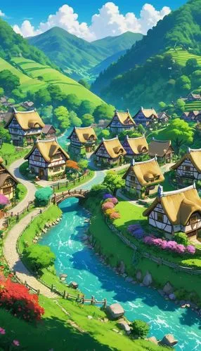 butka,alpine village,mountain village,aurora village,yamada's rice fields,knight village,ghibli,korean folk village,studio ghibli,villages,popeye village,escher village,shire,mountain settlement,elves country,tulou,yazaki,township,hosoda,fairy village,Illustration,Japanese style,Japanese Style 03