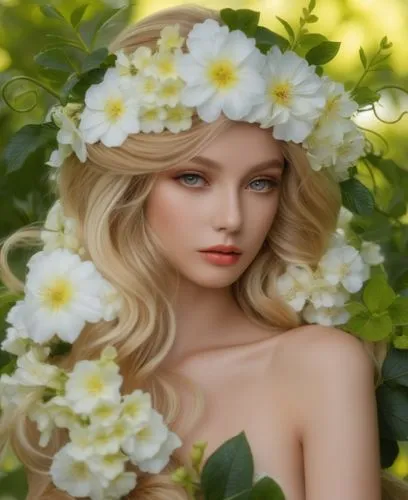 a doll is holding flowers over her head,linden blossom,scent of jasmine,arabian jasmine,girl in flowers,beautiful girl with flowers,gardenia,Photography,General,Realistic