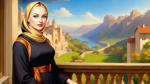 Romantic masterpiece oil painting, beautiful curvy woman portrait, tight abaya dress, nostalgic 1950's style kitsch, breathtaking beautiful epic vast landscape, majestic scenery, balcony view, highly 