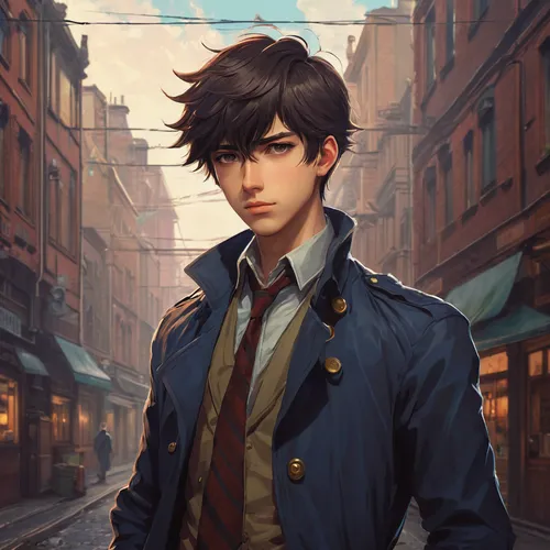 detective,city ​​portrait,alleyway,trench coat,overcoat,portrait background,jacket,old coat,ren,stylish boy,rowan,newt,male character,bellboy,world digital painting,romantic portrait,anime boy,game illustration,yukio,young man,Art,Classical Oil Painting,Classical Oil Painting 10