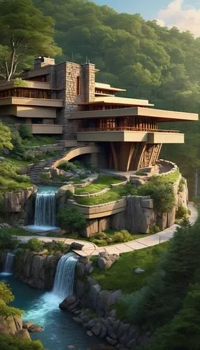 fallingwater,amanresorts,asian architecture,sedensky,futuristic landscape,futuristic architecture,house in mountains,aqua studio,taliesin,house with lake,luxury property,baoshi,anantara,ecotopia,yamatai,ryokan,modern architecture,dunes house,themyscira,house in the mountains,Unique,3D,Isometric