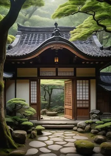 Whimsical Japanese-style studio, Ghibli-inspired architecture, ornate wooden doors, sliding shoji screens, tatami mats, traditional engawa windows, curved tile roofs, intricate stone carvings, lush gr