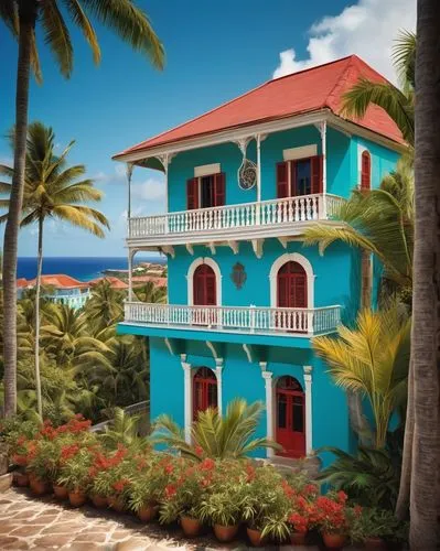 Antiguan architectural design works, colorful Caribbean buildings, colonial-style wooden houses, ornate balconies, vibrant turquoise shutters, red-tiled roofs, intricate stone carvings, tropical plant