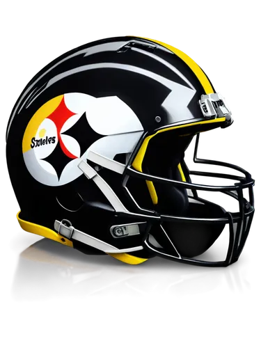 Steelers logo, golden yellow helmet, black facemask, silver steelmark, detailed texture, metallic reflection, high-gloss finish, 3D rendering, close-up shot, shallow depth of field, dramatic lighting,