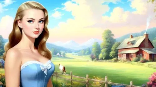 dark saturated colors, Romantic masterpiece oil painting, beautiful girl dainty girdle dress portrait, nostalgic 1950's style kitsch, Idyllic American countryside farm landscape, cozy familiar scenery