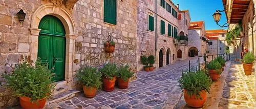 Croatian style building, ornate Baroque details, red-tiled roof, white stone walls, grand entrance with columns, intricately carved wooden doors, ornamental balconies, flower-filled window boxes, narr