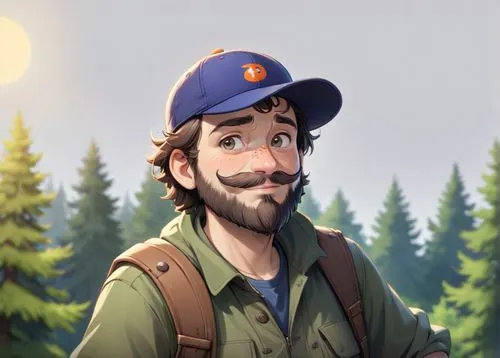 A 45 year old man, he is a forester, he is wearing an orange cap with a logo on it, his beard is chesnuts colored, he is wearing forester clothes green and brown colored, he has a few rickles on his f