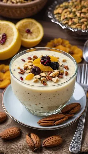 Sheer Khurma-Semolina pudding with nuts and dried fruit with afgan background and beautiful afgan presentation.,kheer,avgolemono,muesli,sheer khurma,zabaione,crème anglaise,almond meal,rice pudding,av