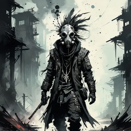 (ink drawing in the style of Russ Mills: 1.2), Dark Stalker (tense and emotional: 1.3), a dirty punk shaman, Abandoned city, gasmask, dressed in tattered clothes, carrying ethereal totems (mysterious 