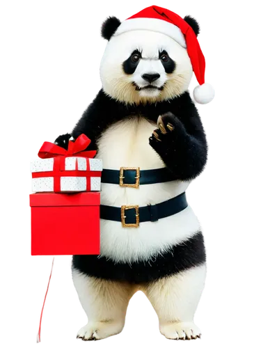 Panda Santa, festive outfit, white fur, red hat, black belt, golden bell, cute face, rosy cheeks, sparkly eyes, holding gift box, standing pose, winter wonderland, soft lighting, 3/4 composition, shal