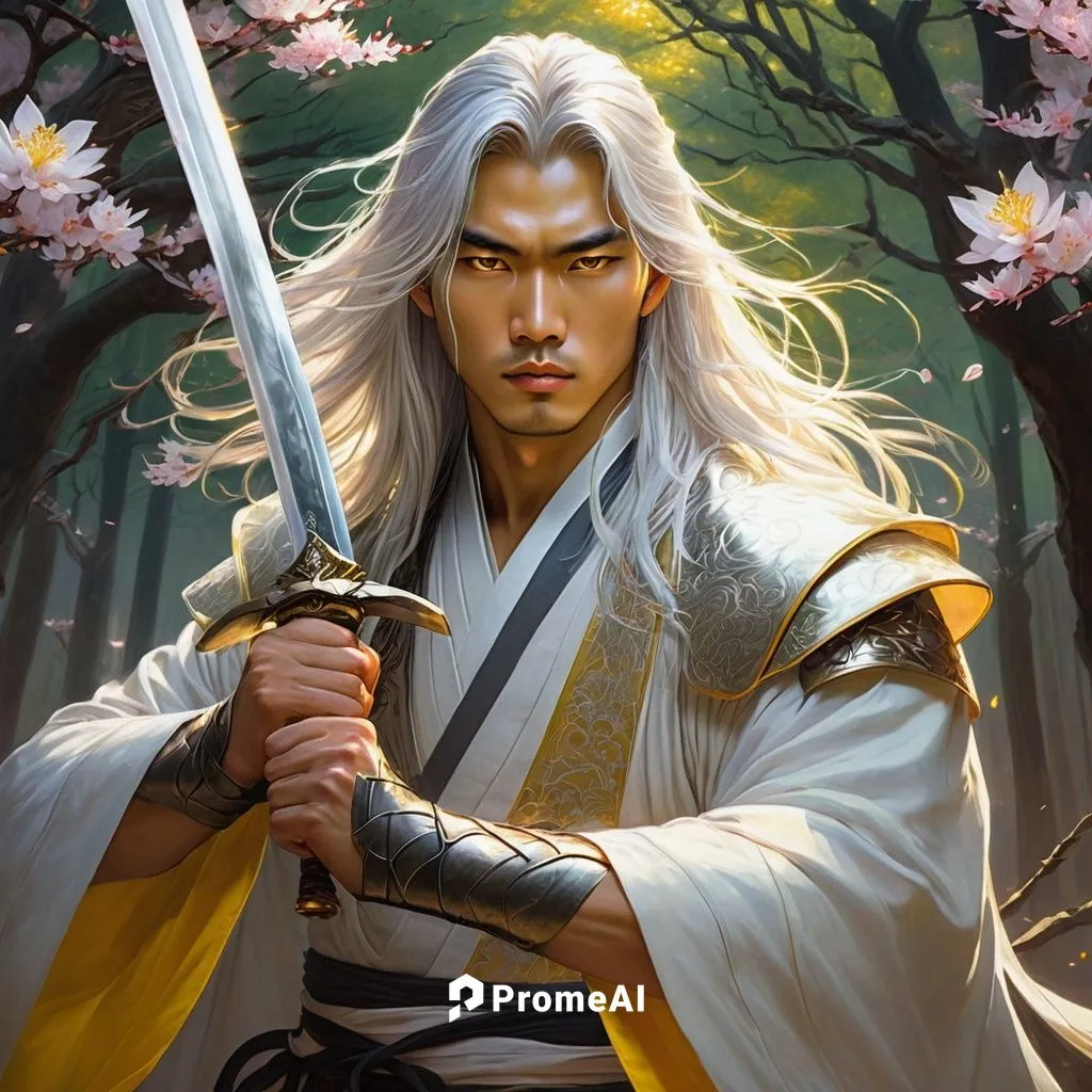 handsome asian young man with long silver shiny hair, yellow glowing eyes eyes, white and golden robes, two swords, fantasy sakura forest, he is maditating,rongfeng,yi sun sin,yuhuan,mitsuhide,xuanwei