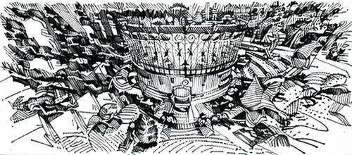 metropolis,panoramical,escher,panopticon,spherical image,tower of babel,electric tower,city buildings,power towers,cellular tower,escher village,skyscrapers,steel tower,crosshatch,kirrarchitecture,des